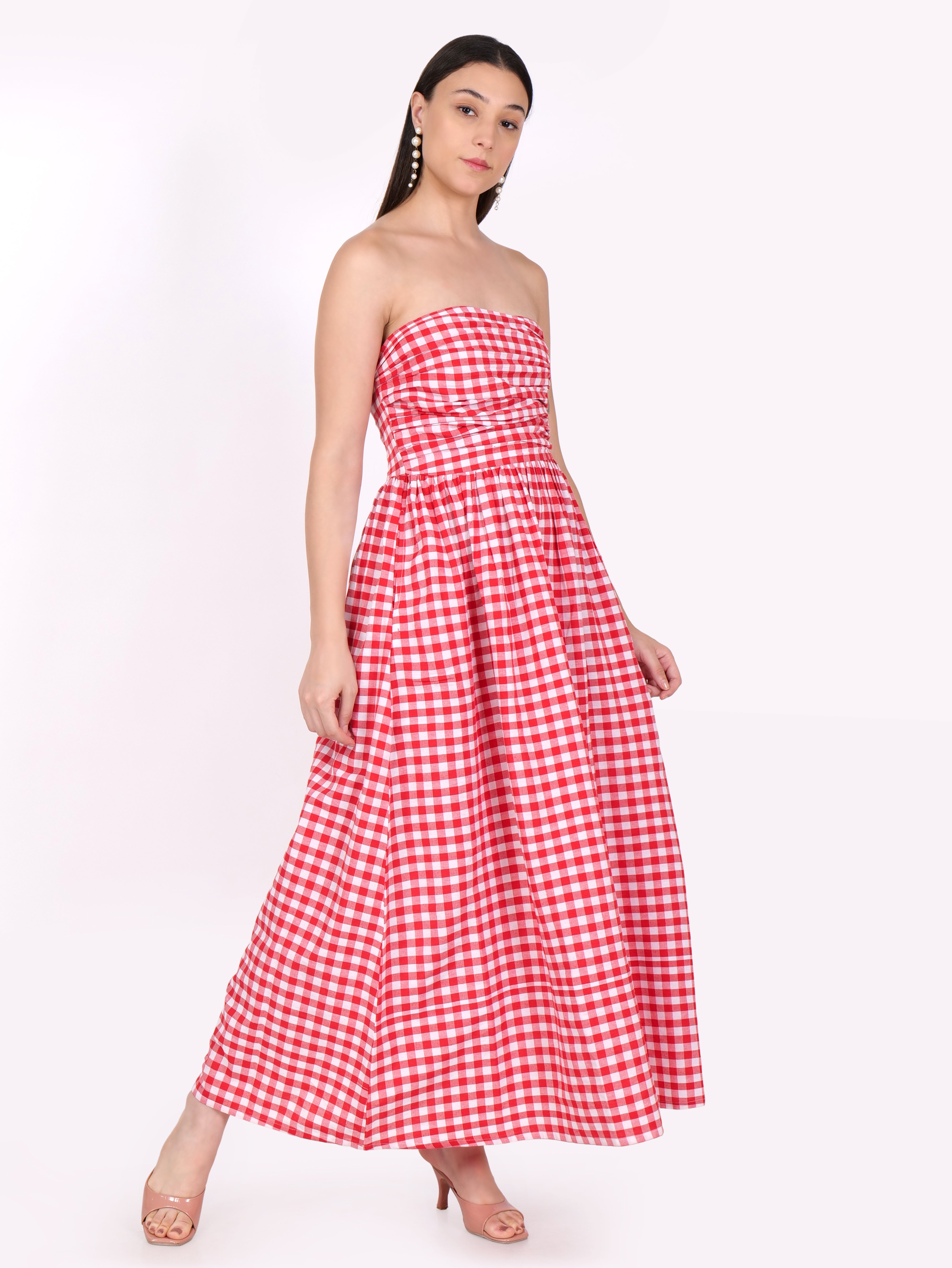 Off shoulder Grace plaid maxi red dress
